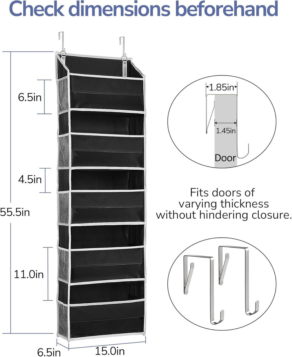 ULG 1 Pack Over The Door Organizer – 5 Shelf Door Organizer Hanging & 10 Side Pockets, Reinforced 44LB Capacity Hanging Organizer, Behind The Door Storage for Bedroom, Nursery, Pantry (Black)