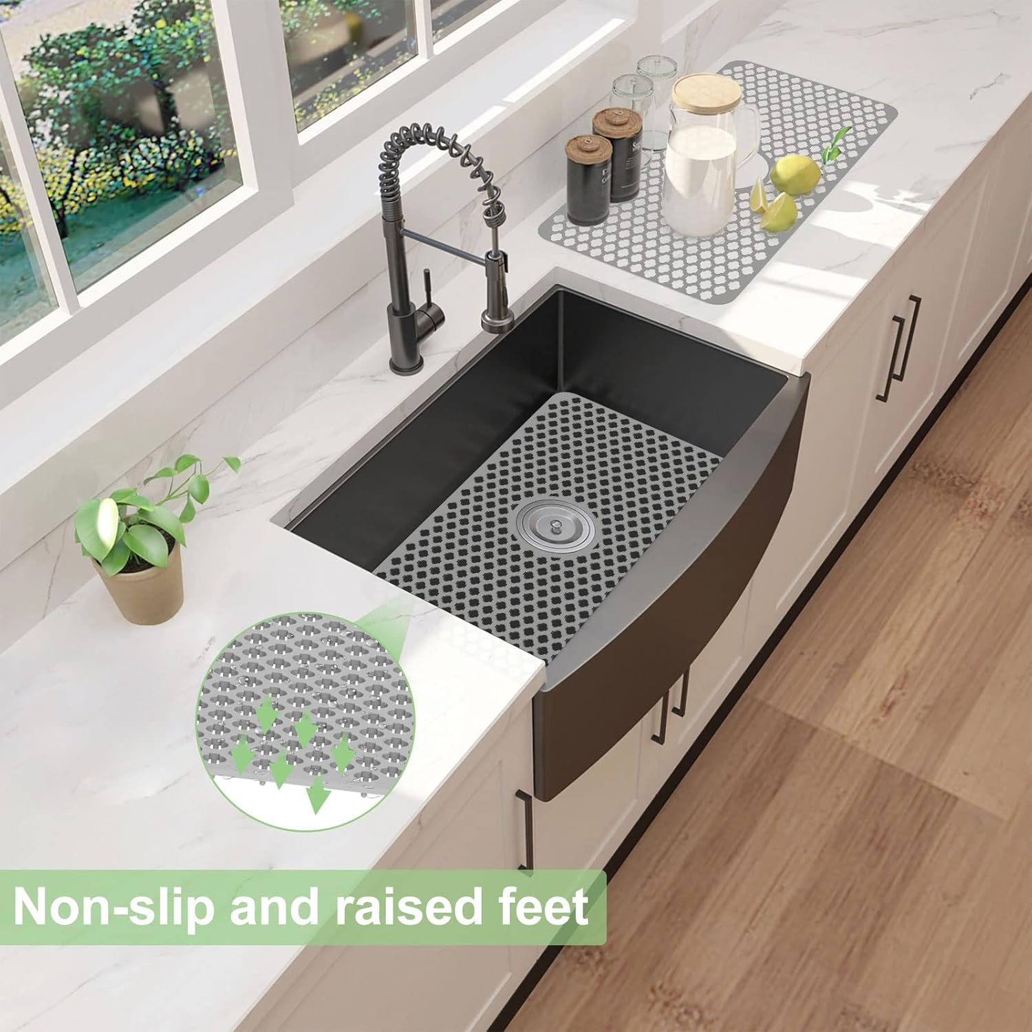 Kitchen Sink Protectors, 24x12 Heat Resistant Mat for Stainless/Porcelain Sink, No-Slip Grid (Grey)