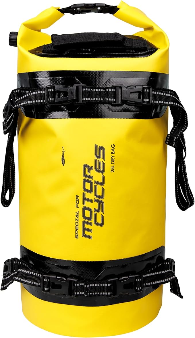 25L Waterproof Motorcycle Dry Bag - Motorcycle Luggage Tail Bag with Straps for Back Seat - Roll Top Dry Bag for Kayaking, Rafting, Boating, Camping, Travel, Beach