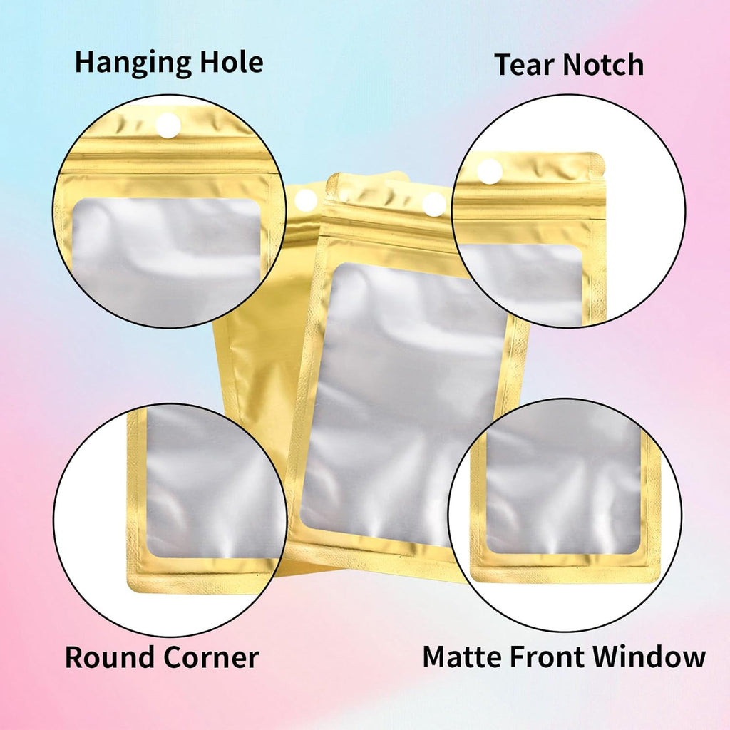 200 Pack Resealable Mylar Holographic Bags Food Storage Smell Proof Bags with Front Window Foil Packaging Pouch for Candy Sample Jewelry Small Business 3.15×5.51 Inch, Gold