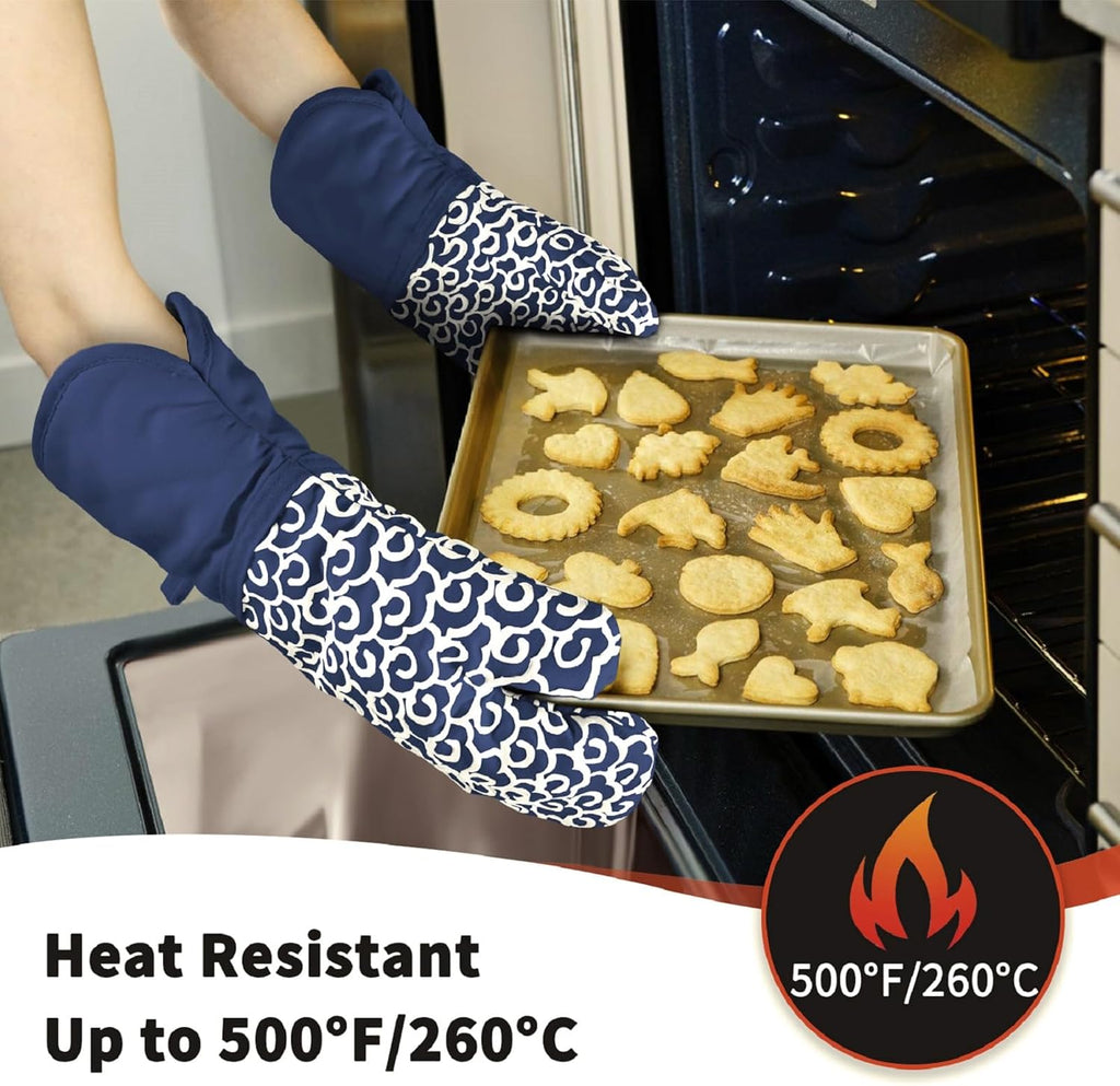 Extra Long Oven Mitts,High Heat Resistant 500 Degree Oven Gloves with Soft Cotton Lining and Non-Slip Silicone, Perfect for BBQ,Baking,Cooking and Grilling- 1 Pair (Blue)