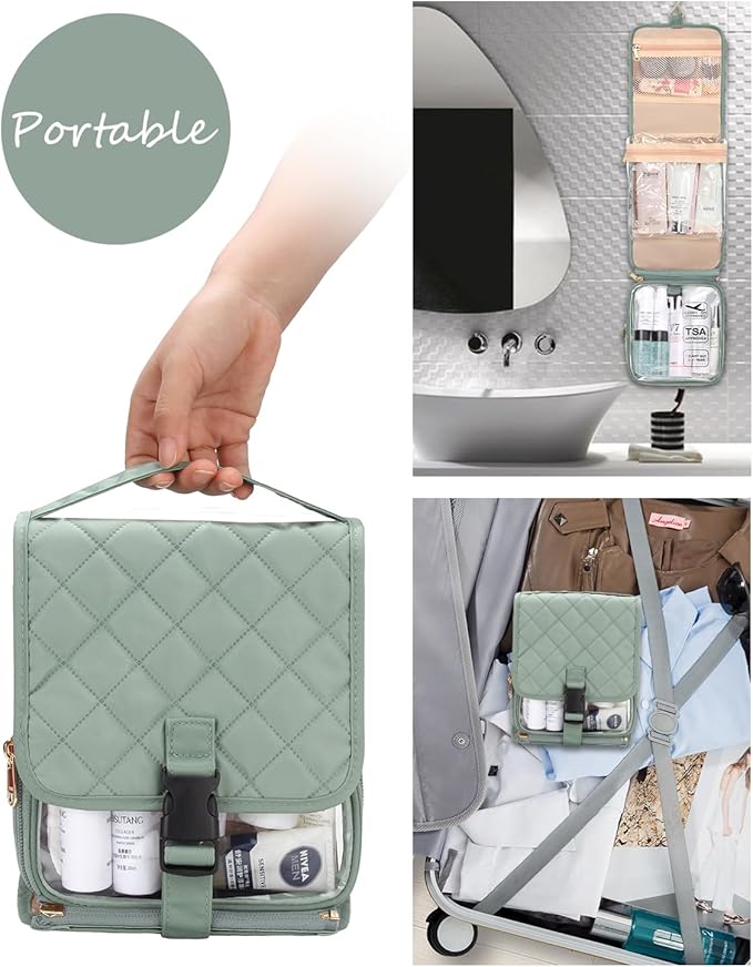 Relavel Travel Toiletry Bag for women with Detachable TSA Approved Toiletry Bag, Compact Hanging toiletry bag with Small Carry On 3-1-1 Clear Waterproof Travel Bags for Toiletries (Green, A Small)