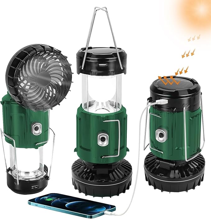 2024 Solar Camping Lantern with Fan,Rechargeable Camping Fans Charging for Phone, Battery Operated Light for Hurricane Power Outage Tent Emergency Camping Gear Must Haves, Christmas gifts for Mens Dad
