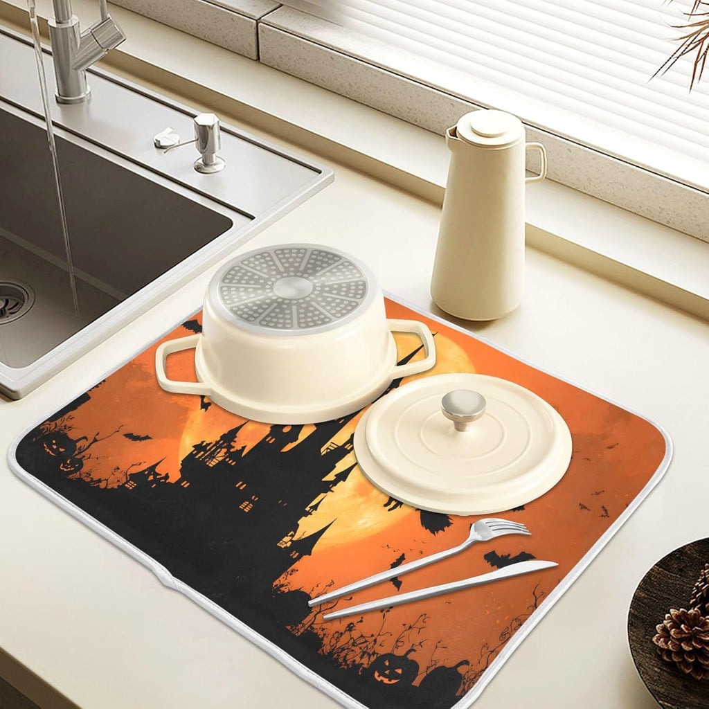 Halloween Witch Bat Castle Pumpkin Dish Drying Mat for Kitchen Counter Absorbent Microfiber Large Drying Pad Dish mats for Kitchen Countertops 18 x 24 Inch
