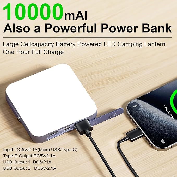 10000mAh LED Camping Lantern Rechargeable, 1000LM Camping Light with 4 Light Modes, 1/4" Screw Adapter, IPX5 Waterproof Camping Essentials for Emergency Outages, Hurricane, Hiking, Outdoor