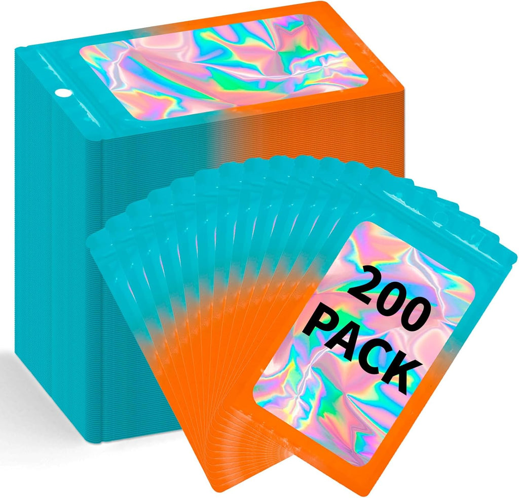 200 Pack Resealable Mylar Holographic Bags Food Storage Smell Proof Bags with Front Window Foil Packaging Pouch for Candy Sample Jewelry Small Business 3.15×5.51 Inch, Blue Fade Orange