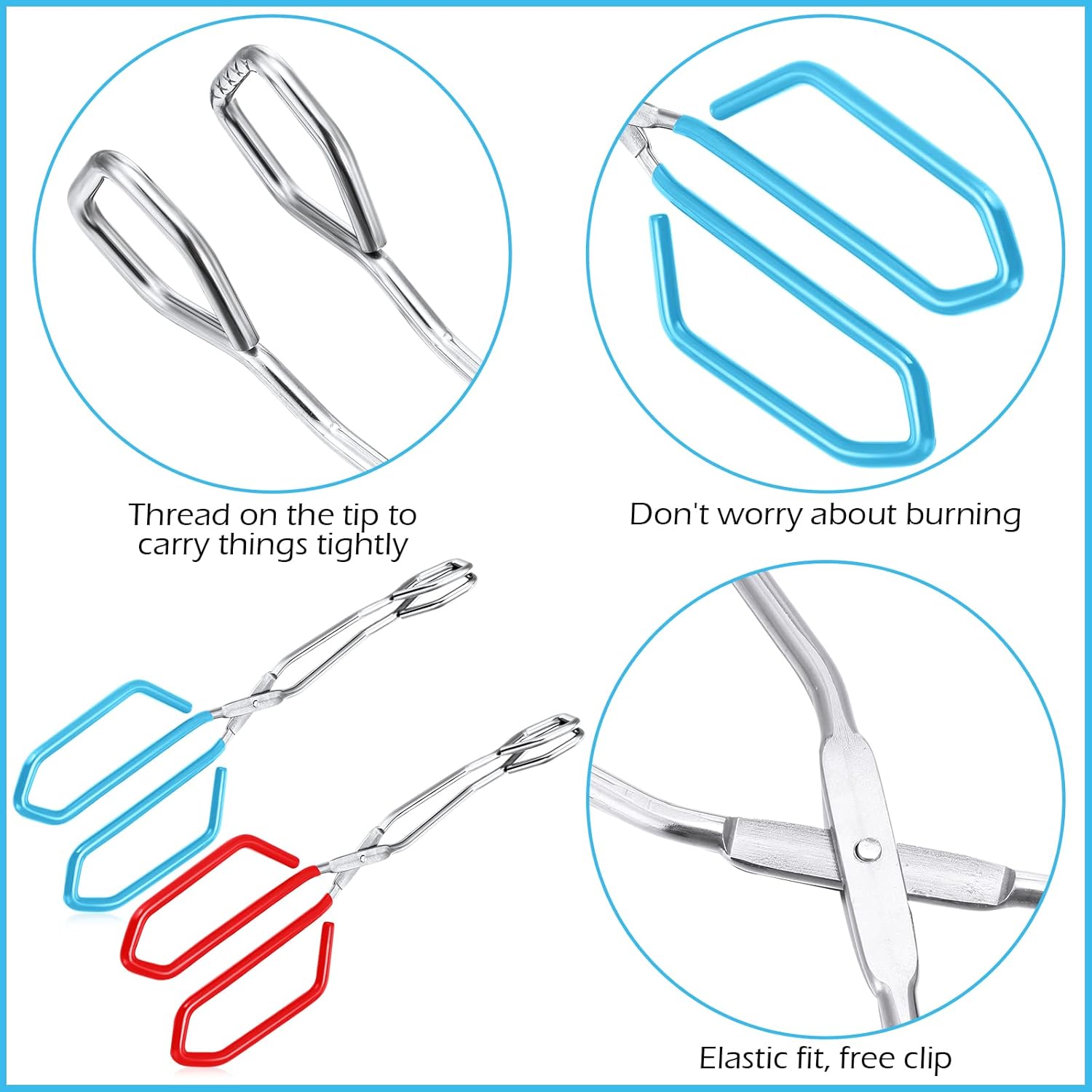 2 Pieces 10.6 Inch Stainless Steel Kitchen Scissor Tongs Heavy Duty Cooking Tongs, with Comfortable Red Blue Handle for Cooking Barbecue Food, Dishwasher Safe