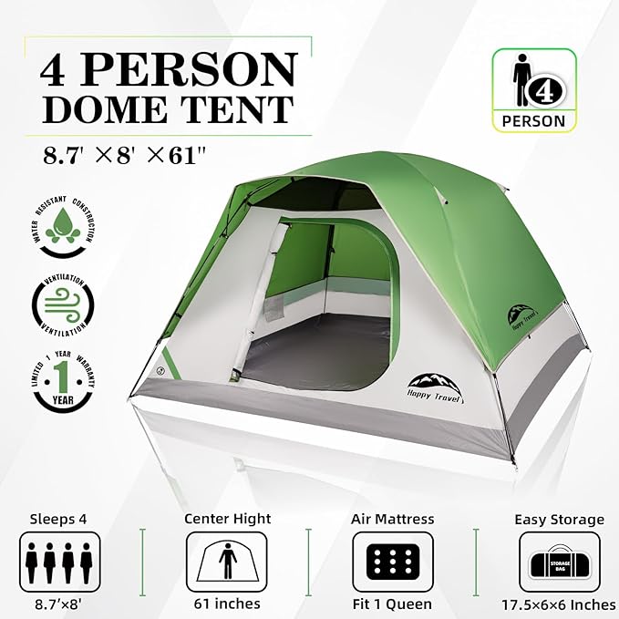 Happy Travel Camping Tent, 4 Person Dome Tents for Camping with Rainfly, Waterproof Clip Easy Setup Portable Family Tent with Mesh Windows, 20% More Headroom Backpacking Tents for Camping & Hiking