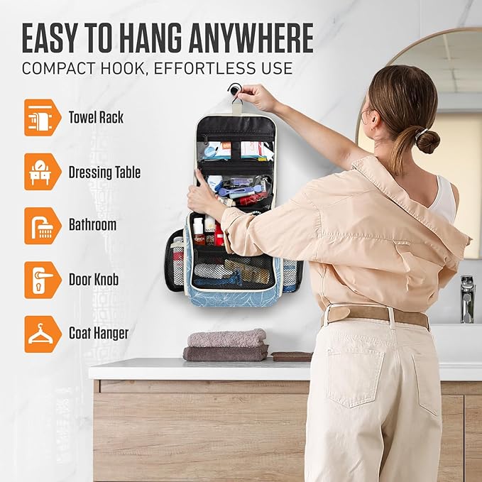 VENTURE 4TH Hanging Travel Toiletry Bag for Women & Men - Travel Organizer with Expandable Compartments & Removable Clear Pouch for Toiletries (Blue Flowers)