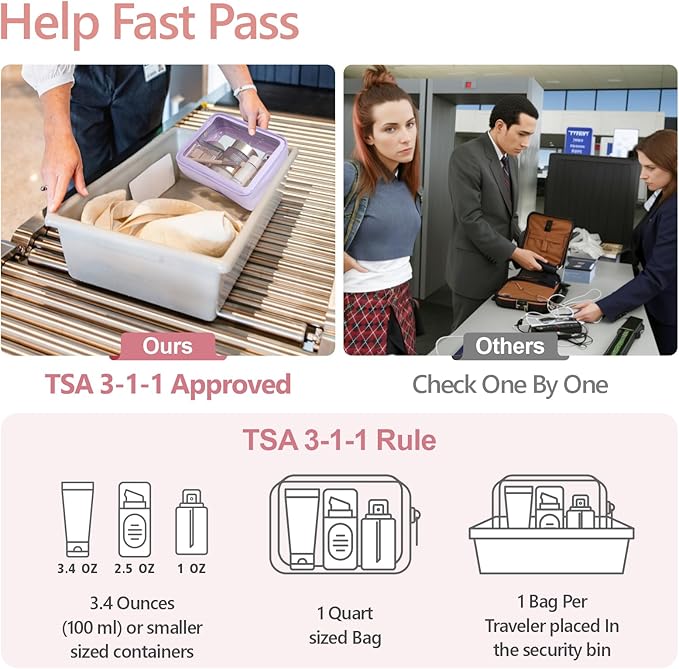 PACKISM TSA Approved Toiletry Bag - Amazing Color-Edged Clear Makeup Bag, 3 Pack in Spacious Space, Reusable Clear Toiletry Bags with Great Value, Purple