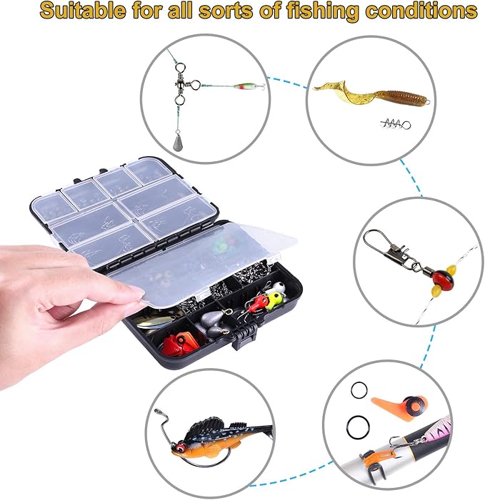 TOPFORT 187/343pcs Fishing Accessories Kit, Organized Fishing Tackle Box with Tackle Included, Fishing Hooks, Fishing Weights Sinkers, Fishing Gear and Equipment, Fishing Gift for Men