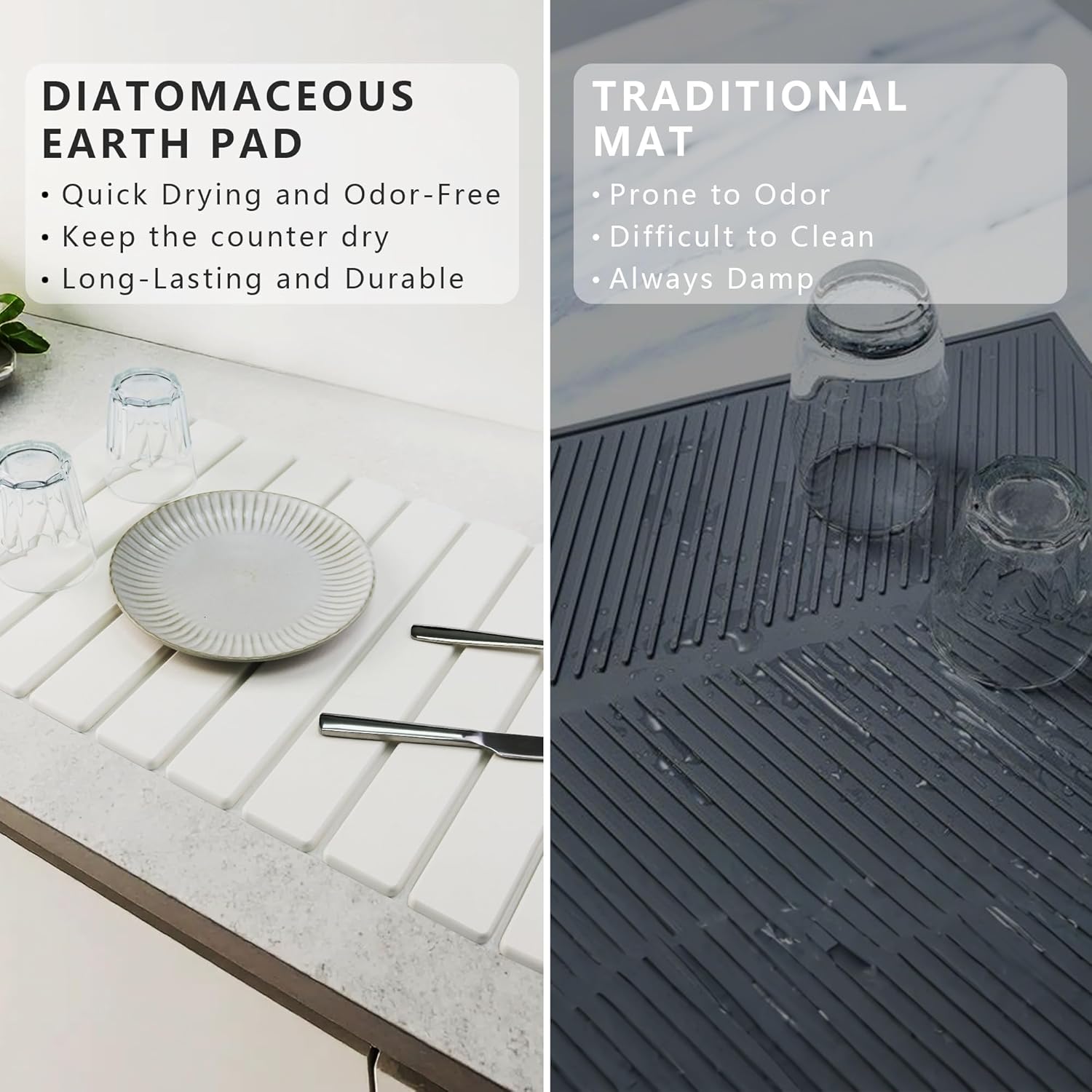 Large Stone Drying Mat for Kitchen Counter Diatomaceous Earth Collapsible 24”（L）*16”（W）Super Heat Resistant Mats, Quick Absorbent Dish Drying Rack（Gray marble）