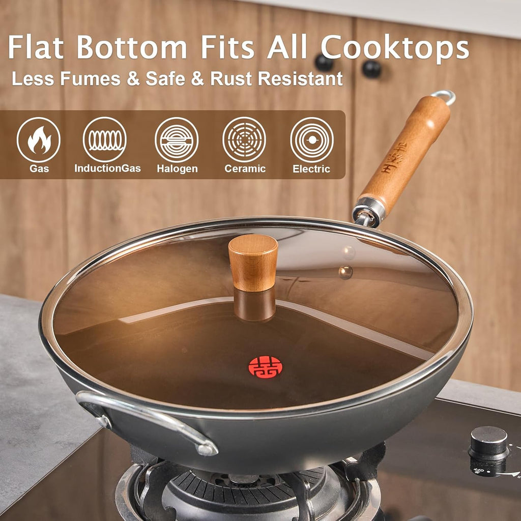WANGYUANJI Carbon Steel Wok Pan, 13.4" Woks & Stir-Fry Pans with Glass Lid No Chemical Coated Flat Bottom Iron Wok for Induction, Electric, Gas, Halogen All Stoves