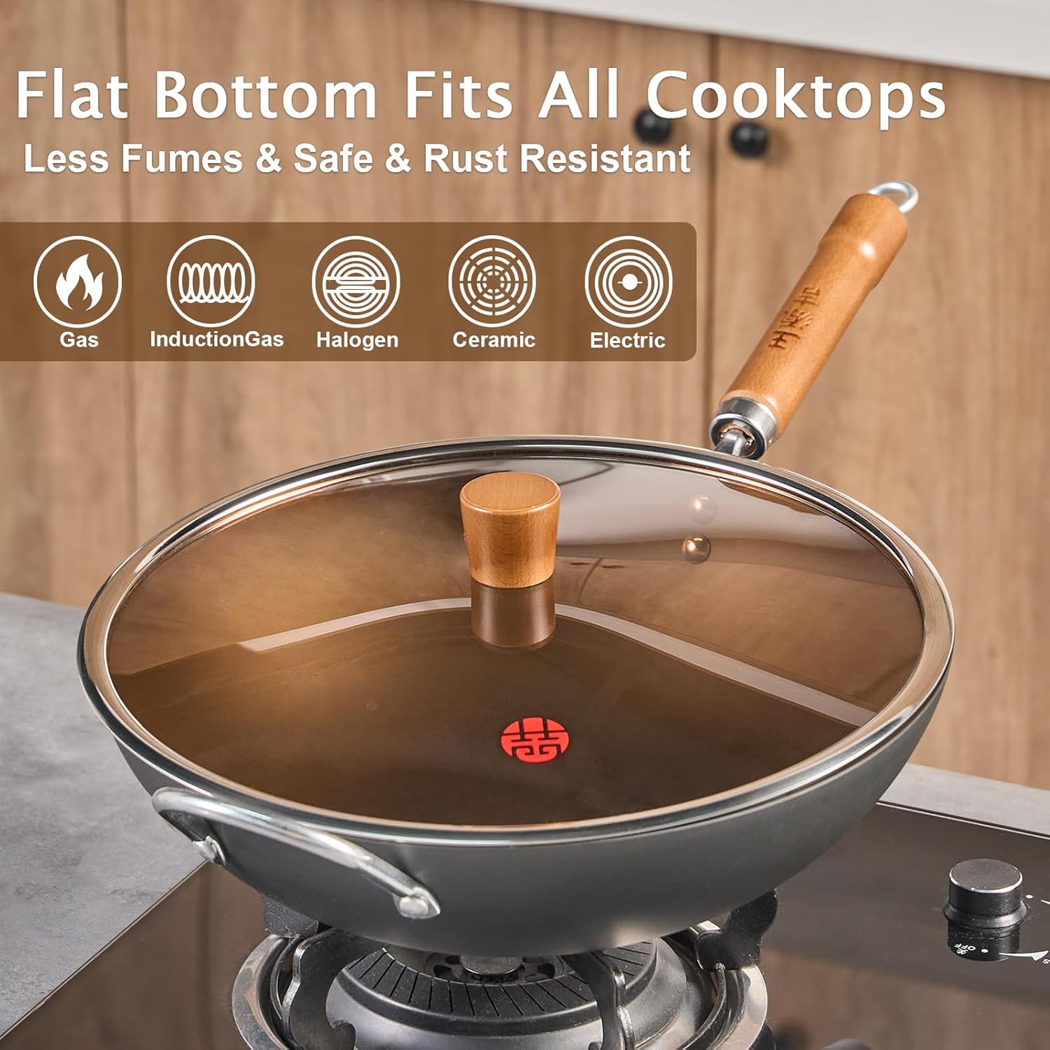 WANGYUANJI Carbon Steel Wok Pan, 13.4" Woks & Stir-Fry Pans with Glass Lid No Chemical Coated Flat Bottom Iron Wok for Induction, Electric, Gas, Halogen All Stoves