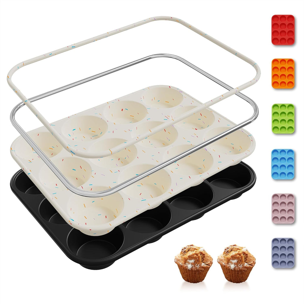 2 Pack 12 Cups Silicone Muffin Pan with Metal Reinforced Frame Regular Size Silicone Molds Cupcake Cake Baking Pans Cookie Baking Chocoflan Cupcake Mold Not Stainless Steel Ceramic Aluminum