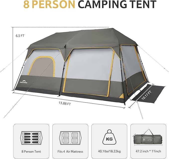 Naturehike Cape 4/6/8 Person Camping Tent, 60S Easy Setup Instant Tent Pop up Tent, Waterproof Large Tall 6/8 Person Tents for Camping, Car Camping