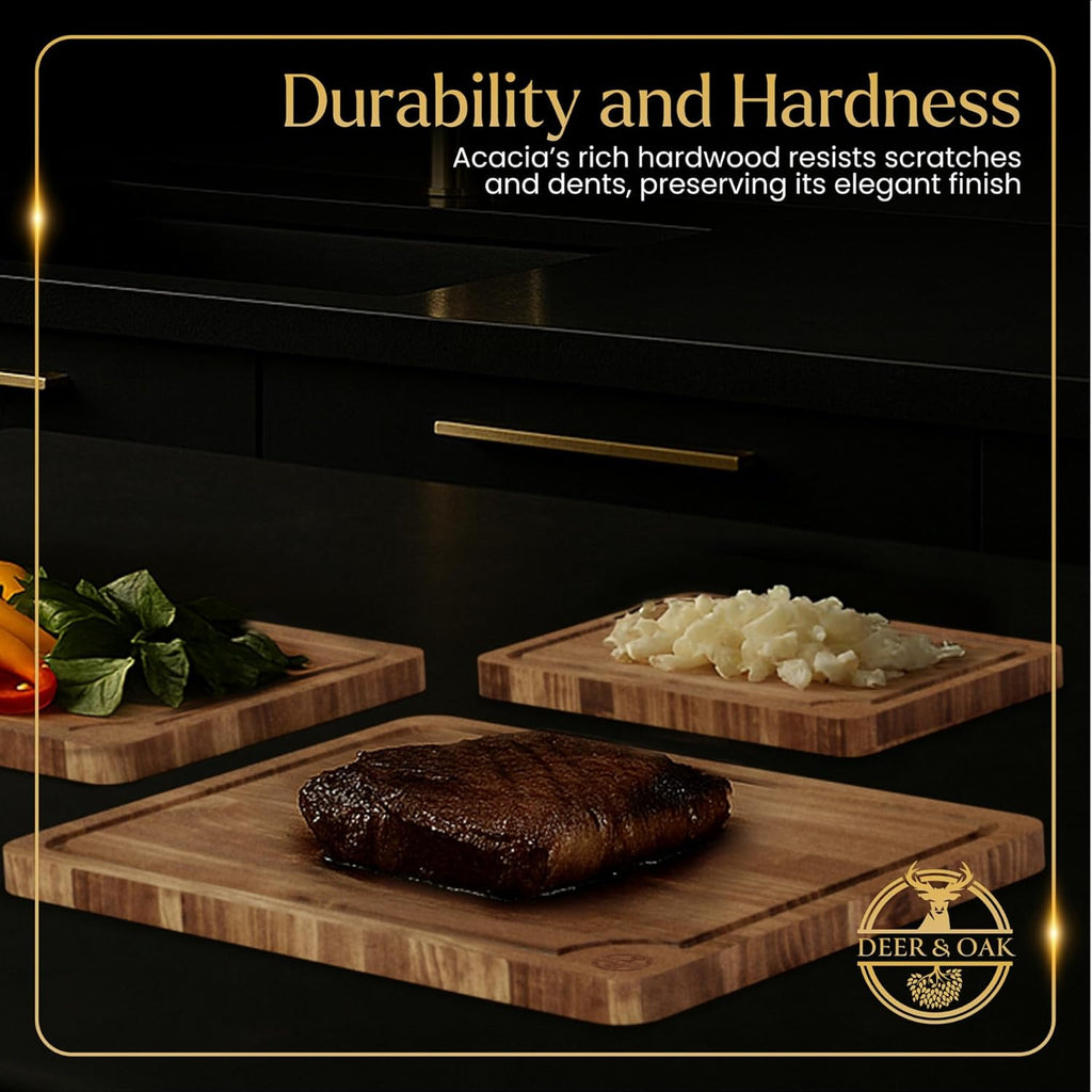 Pre-Oiled, Non Toxic 3-Piece Acacia Cutting Board Set with Stand, FSC Certified Wooden Chopping Boards with Juice Grooves for Meat. 3 Size Wood Carving Boards for Home & BBQ Kitchens by Deer & Oak