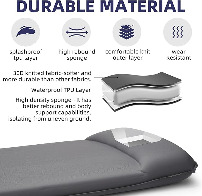 INVOKER Camping Sleeping Pad 2.75” Memory Foam Fast Self Inflating Insulated Durable Camping Mat Air Mattress with Pillow，for Tent, Traveling, Car, Camping, Grey