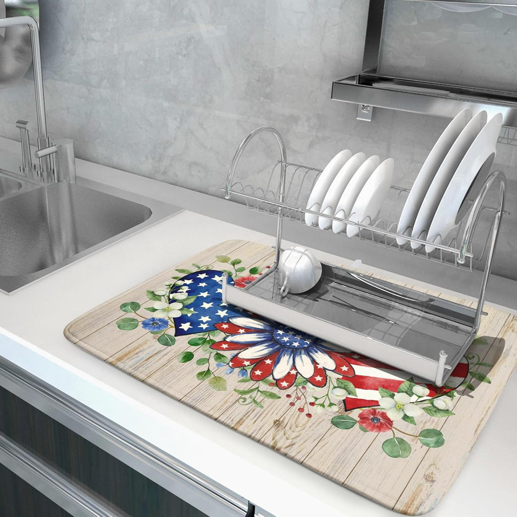 Independence Day Dish Drying Mat 18x24 inch Patriotic Love Heart Fast Dry Microfiber Dishes Drainer Rack Pad Kitchen Counter Accessories