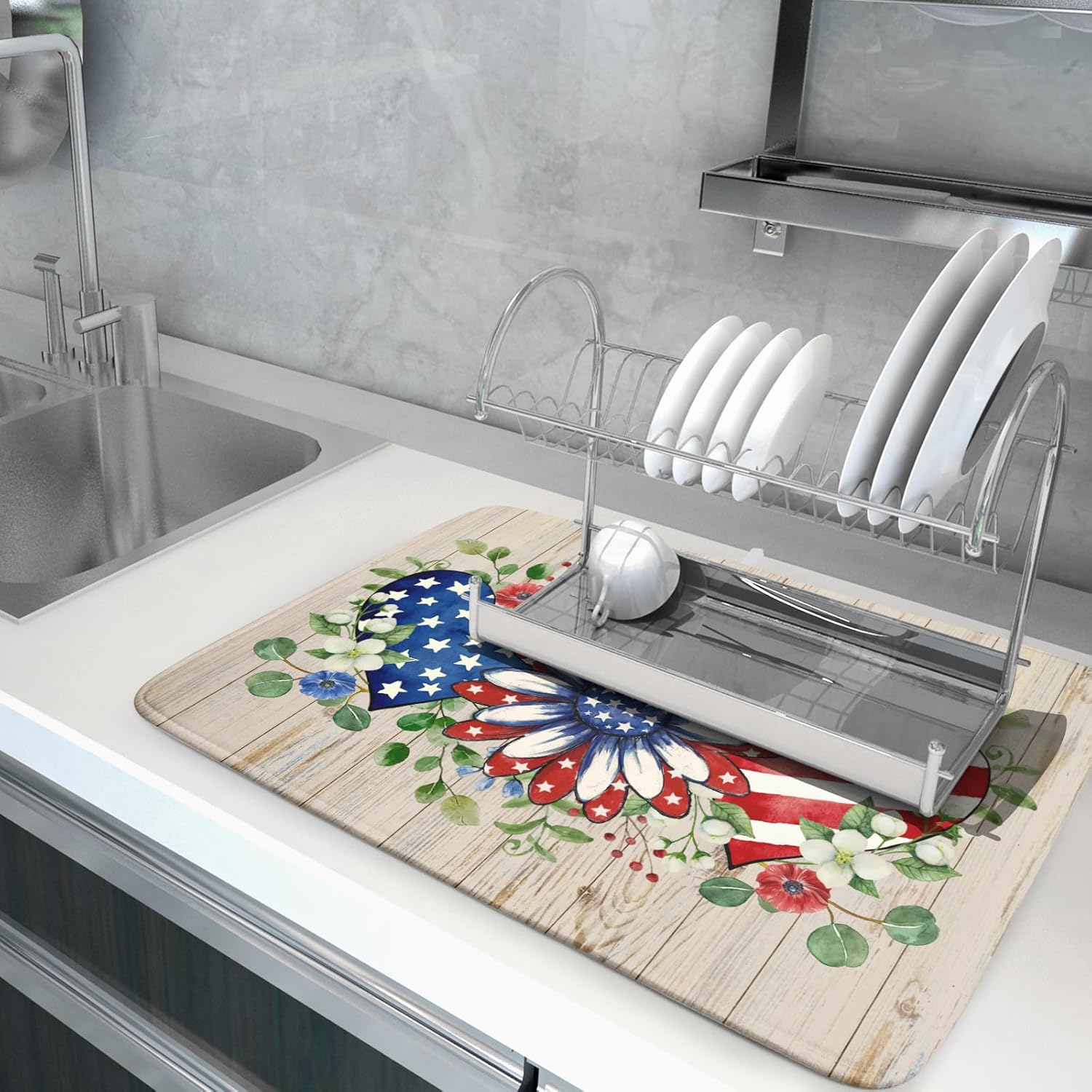 Independence Day Dish Drying Mat 18x24 inch Patriotic Love Heart Fast Dry Microfiber Dishes Drainer Rack Pad Kitchen Counter Accessories