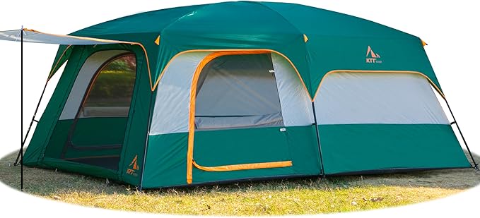 KTT Extra Large Tent 10-12-14 Person(A),Family Cabin Tents,2 Rooms,3 Doors and 3 Windows with Mesh,Straight Wall,Waterproof,Double Layer,Big Tent for Outdoor,Picnic,Camping,Family Gathering