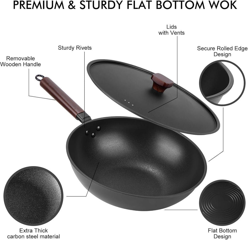 Carbon Steel Wok Pan - 13" Wok Pan with Lid, Woks & Stir-Fry Pans Nonstick with Spatula & Brush, Chinese Wok Flat Bottom Wok for Induction, Electric, Gas, All Stoves