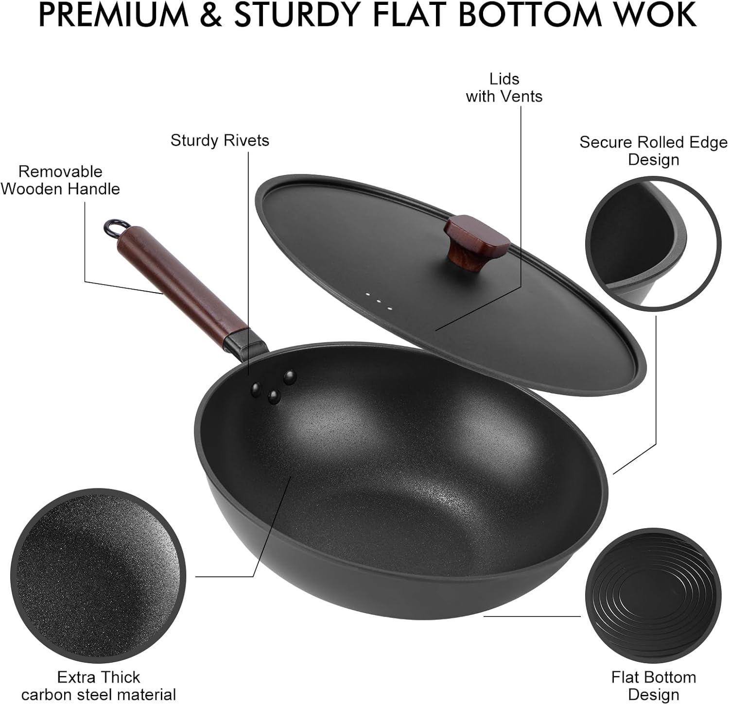 Carbon Steel Wok Pan - 13" Wok Pan with Lid, Woks & Stir-Fry Pans Nonstick with Spatula & Brush, Chinese Wok Flat Bottom Wok for Induction, Electric, Gas, All Stoves