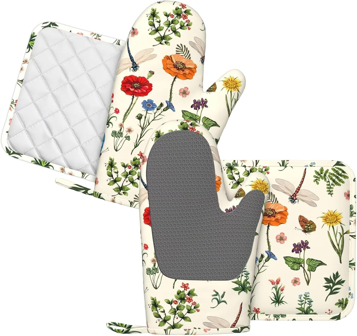 Vintage Floral Dragonfly Oven Mitts and Pot Holders 4 pcs Set Silicone Kitchen Spring Butterfly Leaves Oven Mitt Gloves Pot Holders Non-Slip Heat Resistant Cooking Mitts Set for Kitchen Baking