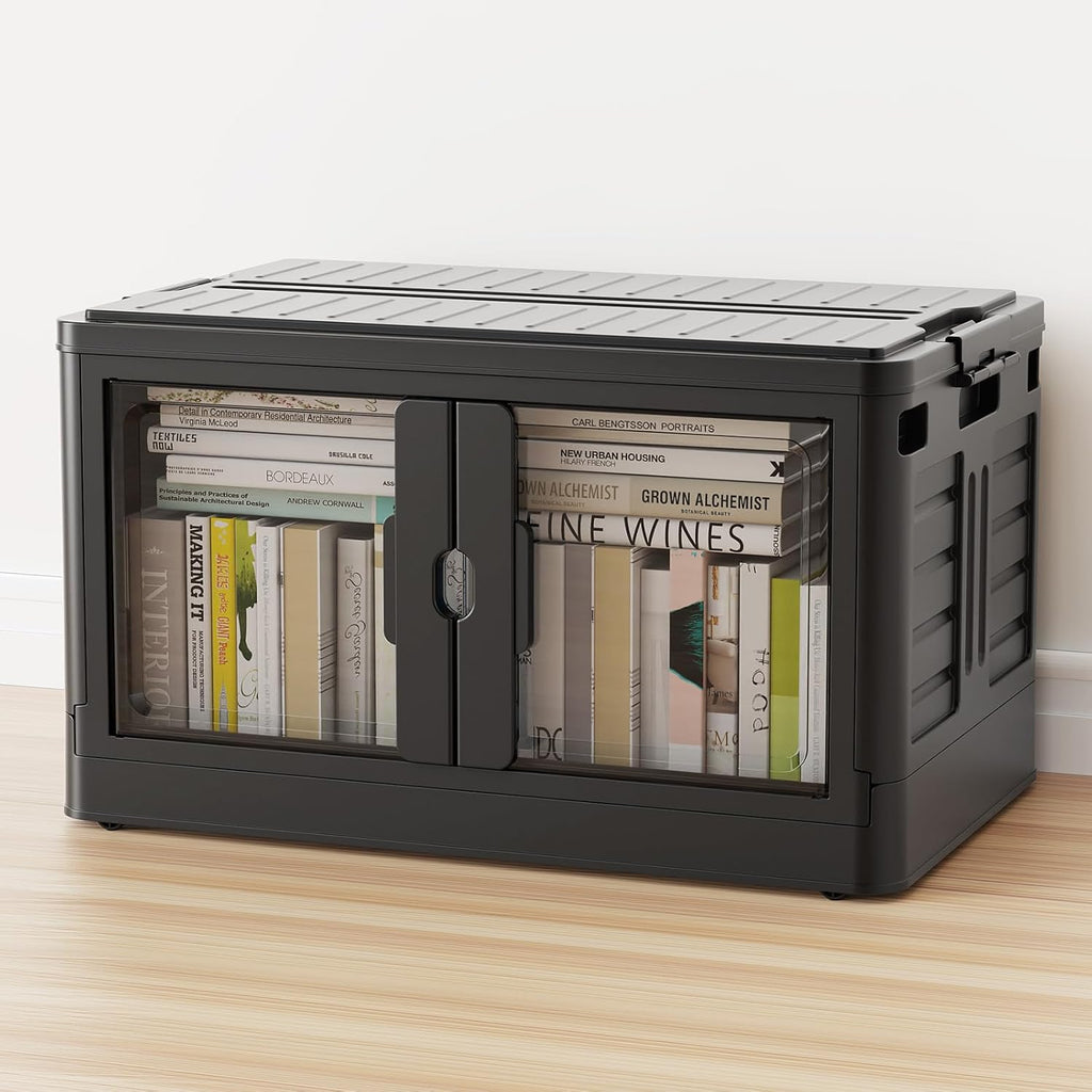 115Qt Stackable Storage Bins with Individual Lids & Wheels, Large Plastic Collapsible Latching Boxes Closet Organizers and Storage Cabinet Shelves Units for Home Kitchen Dorm, 1-Pack Black