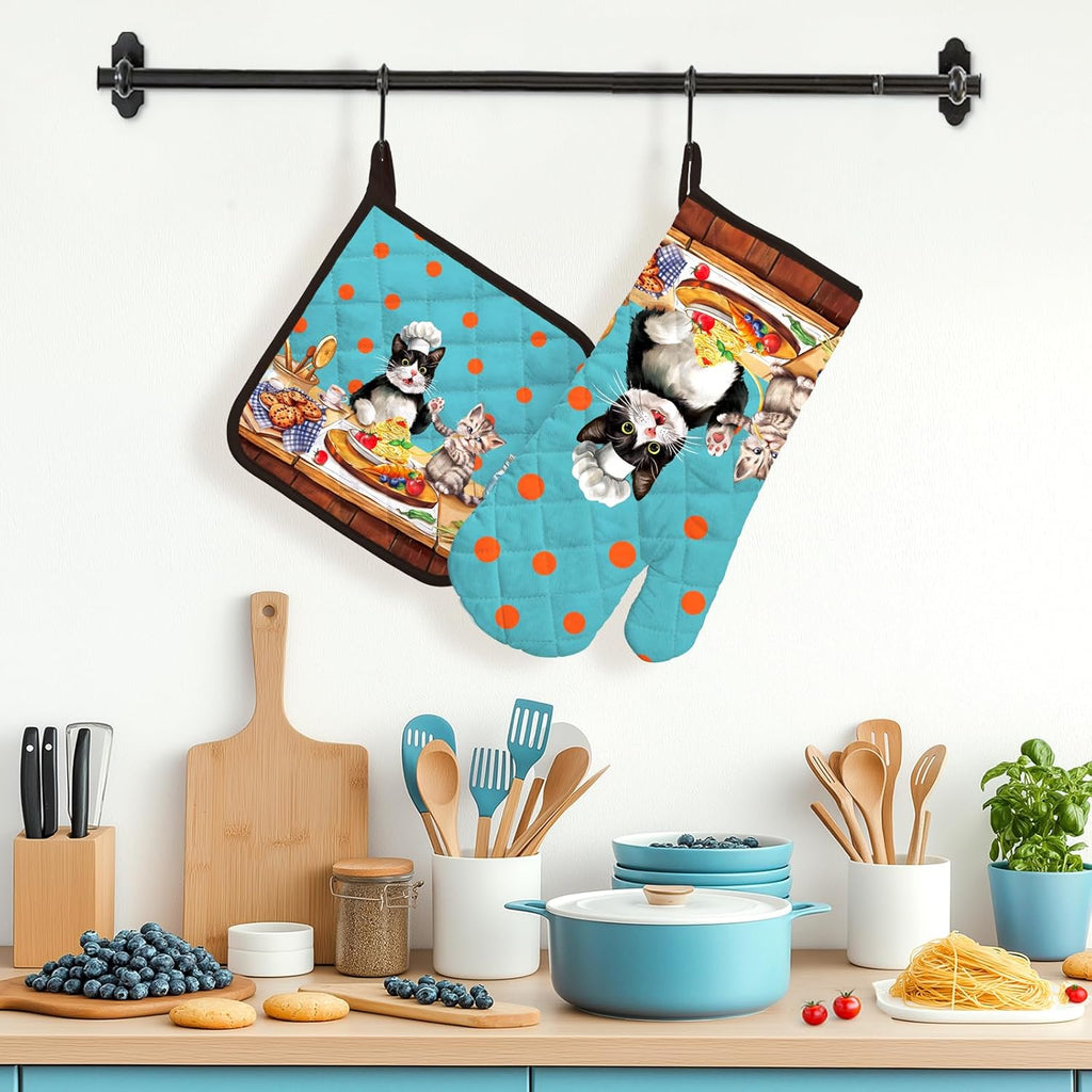 Cute Cat Oven Mitts and Pot Holders Sets 2Pcs, 100% Cotton Heat Resistant, Extra Long Oven Gloves Potholder for Kitchen Cooking Baking Decoration