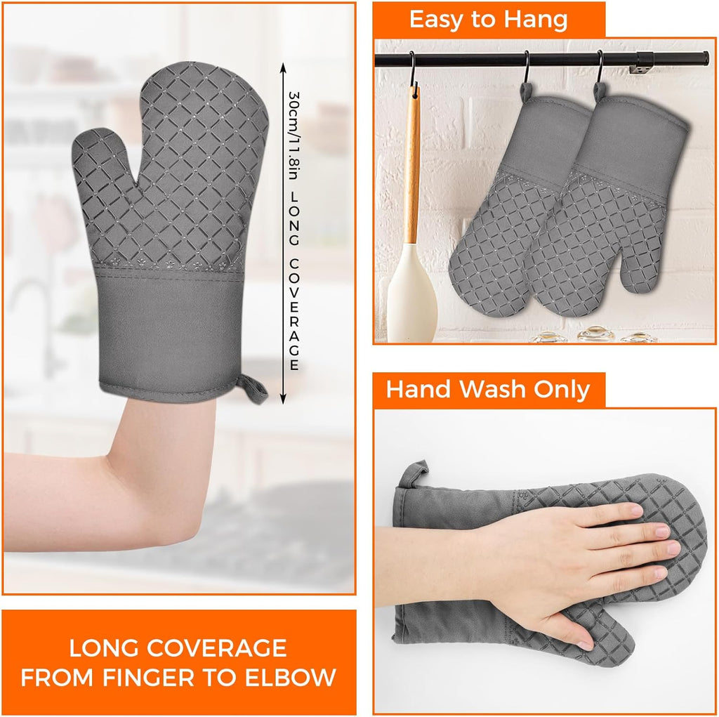 2 Pcs Oven Mitts Heat Resistant for Kitchen, Kitchen Oven Gloves, Long Oven Mitts and Pot holder with Non-Slip Silicone Stripe and Soft Cotton Lining, Silicone Oven Mitts for Cooking Baking BBQ Gloves