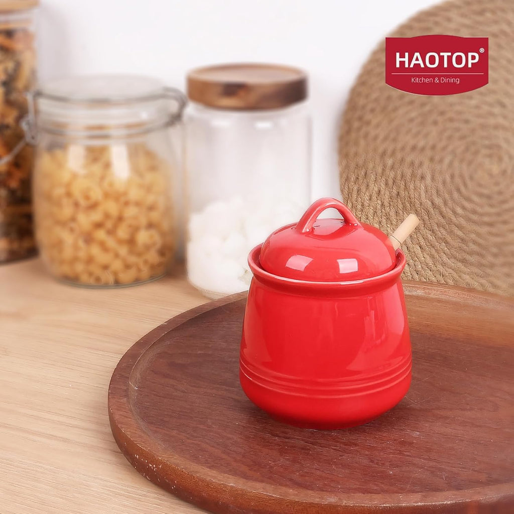HAOTOP Ceramic Honey pot with Lid and Honey Dipper,Porcelain Honey Jar Easy to Clean and Dishwasher Safe,12oz (Red)
