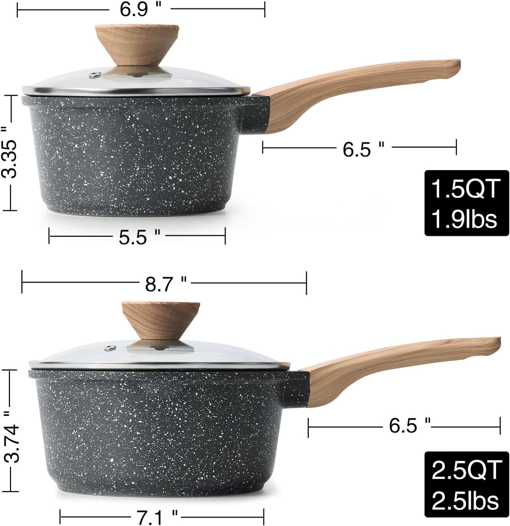 Sauce Pan Set with Lid, 1.5QT & 2.5QT Non Stick Small Pots with Granite Coating, Saucepan with Pour Spout, Multipurpose Induction Cooking Pans, PFOA/PFOS Free