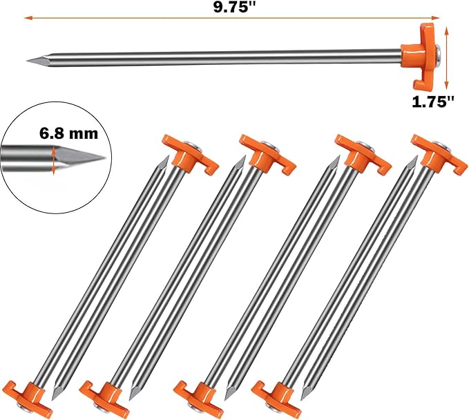 Cheardia 10 Pack Tent Stakes Heavy Duty, 10.25 Inch Yard Stakes Non-Rust Metal Tent Pegs Ground Stakes Tent Spikes for Camping Patio, Garden, Canopies, Grassland, Outdoor,Orange