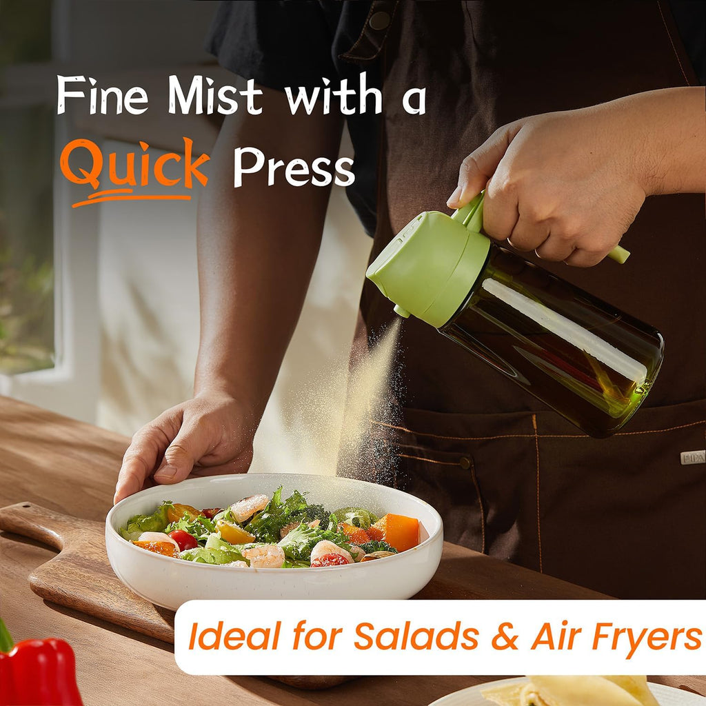 TrendPlain - 16oz Olive Oil Dispenser for Kitchen - 2 in 1 Olive Oil Dispenser and Oil Sprayer - Olive Oil Dispenser Bottle w/Stickers - Olive Oil Sprayer for Cooking 2Pcs White&Green (Light Blockage)