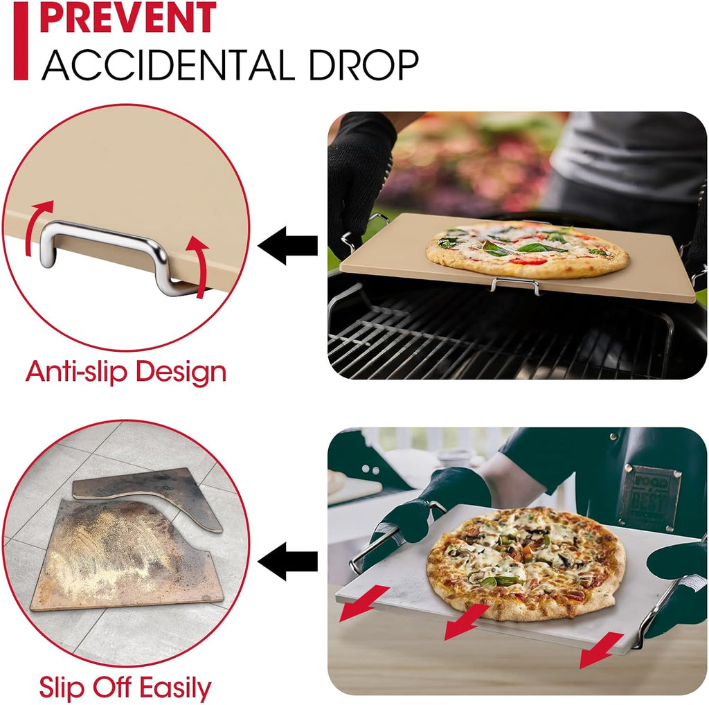 Unicook Pizza Stone for Oven and Grill, 15 x 12 Inch Rectangular Baking Stone for Bread, Cordierite Pizza Pan for Baking Crispy Bread, Pie and Cookies, Includes Carry Rack and Dough Scraper