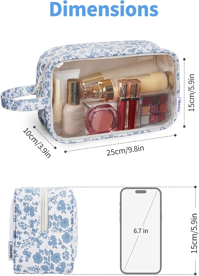 Narwey Clear Makeup Bag Cosmetic Bag with Zipper for Travel, Clear Toiletry Bags for Traveling Toiletries Women Men, Make Up Pouch with Handle, Skincare Bag (Little Blue Flower)