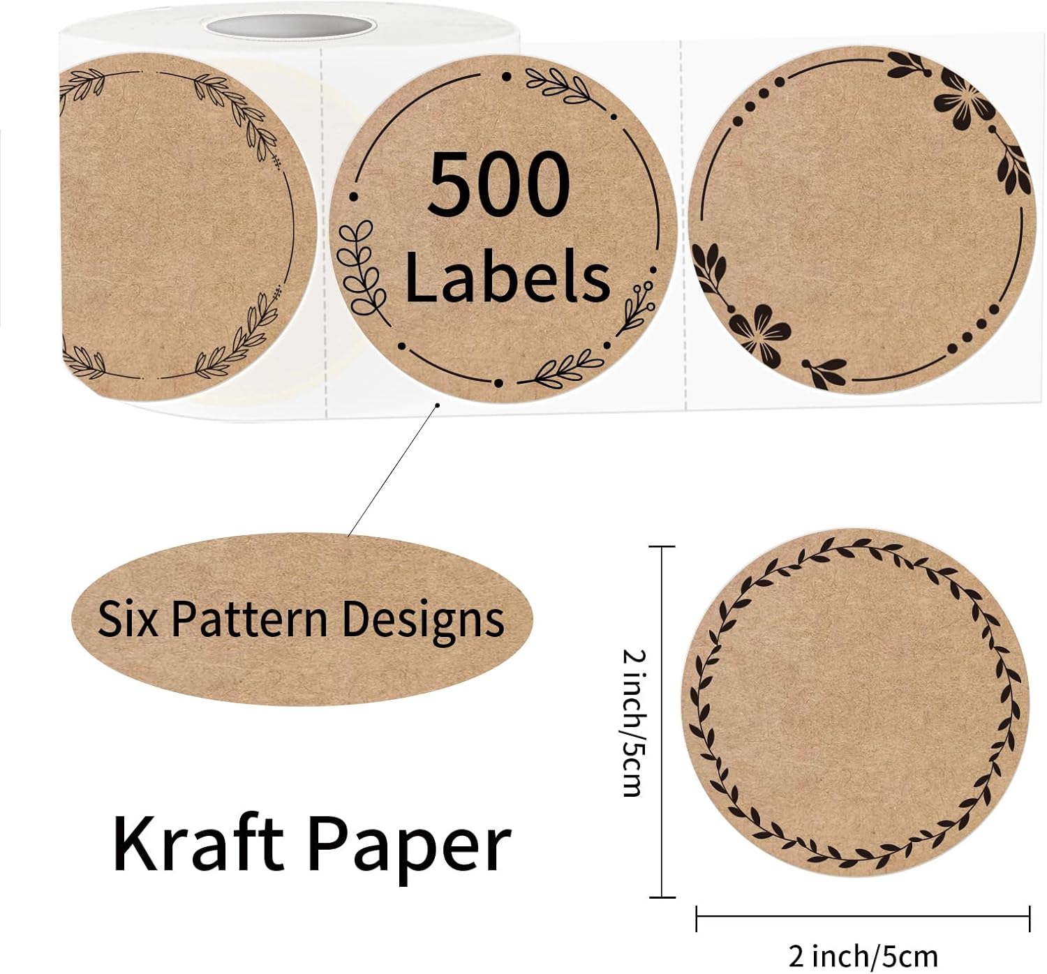 2" Brown Label Stickers for Jars and Lids, Kraft Sticker Labels for Pantry, Mason Jars, Canning, Bottles, 6 Different Drawn Wreath Designs, Kraft Paper/ 500pcs