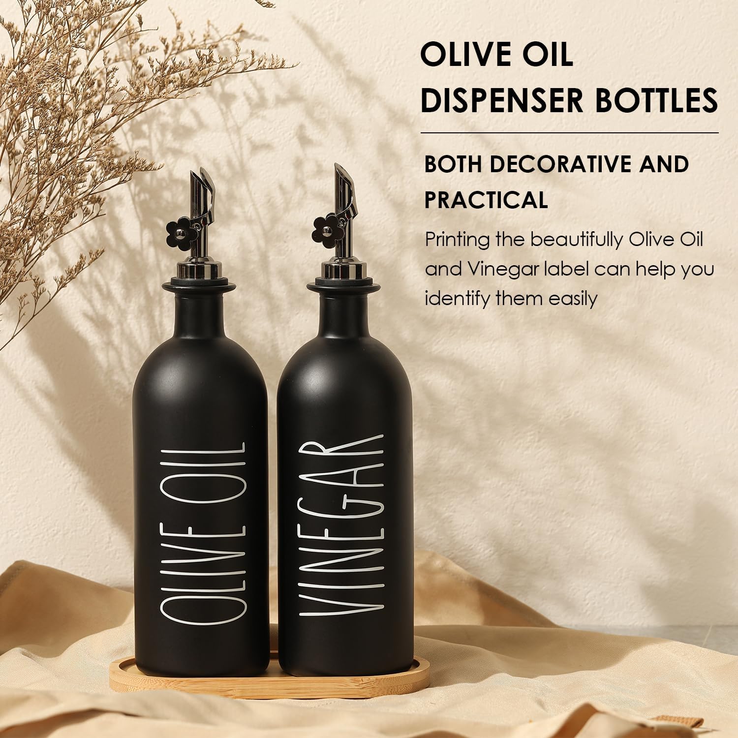 HOMCDALY 16oz Olive Oil Dispenser Bottles for Kitchen, Glass Black Oil&Vinegar Dispenser Set, Kitchen Olive Oil Bottles with Bamboo Tray| Set of 2 (16oz-P-Black)