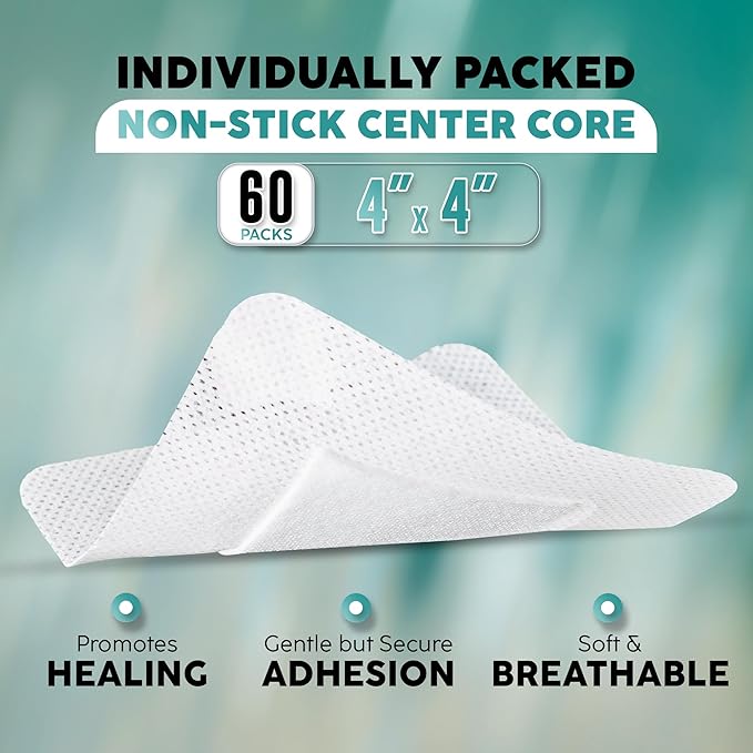 Elleirb Water-Resistant Island Dressing 4x4, Non-Stick Pads w/Adhesive Border Bandages for Wounds | 60 Individually Packed Wound Care & Dressings, Sterile Highly Absorbent, Latex-Free First-Aid Kits