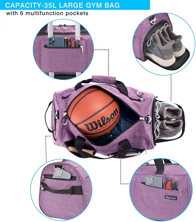 Kuston Sports Gym Bag with Shoes Compartment &Wet Pocket Gym Duffel Bag Overnight Bag for Men and Women-Purple