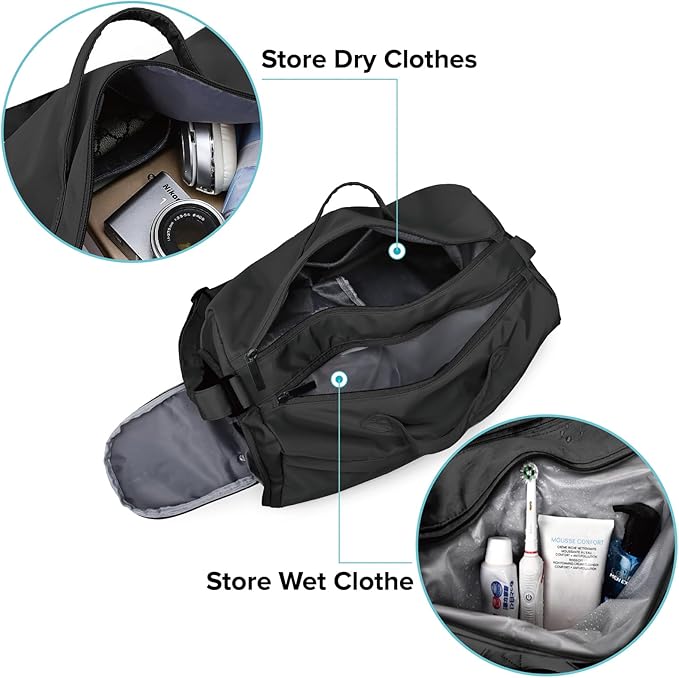 Sports Gym Bag for Women, Travel Workout Duffel Bag Overnight Shoulder Bag with Shoes Compartment and Wet Pocket Lightweight Weekend Bag Waterproof Black
