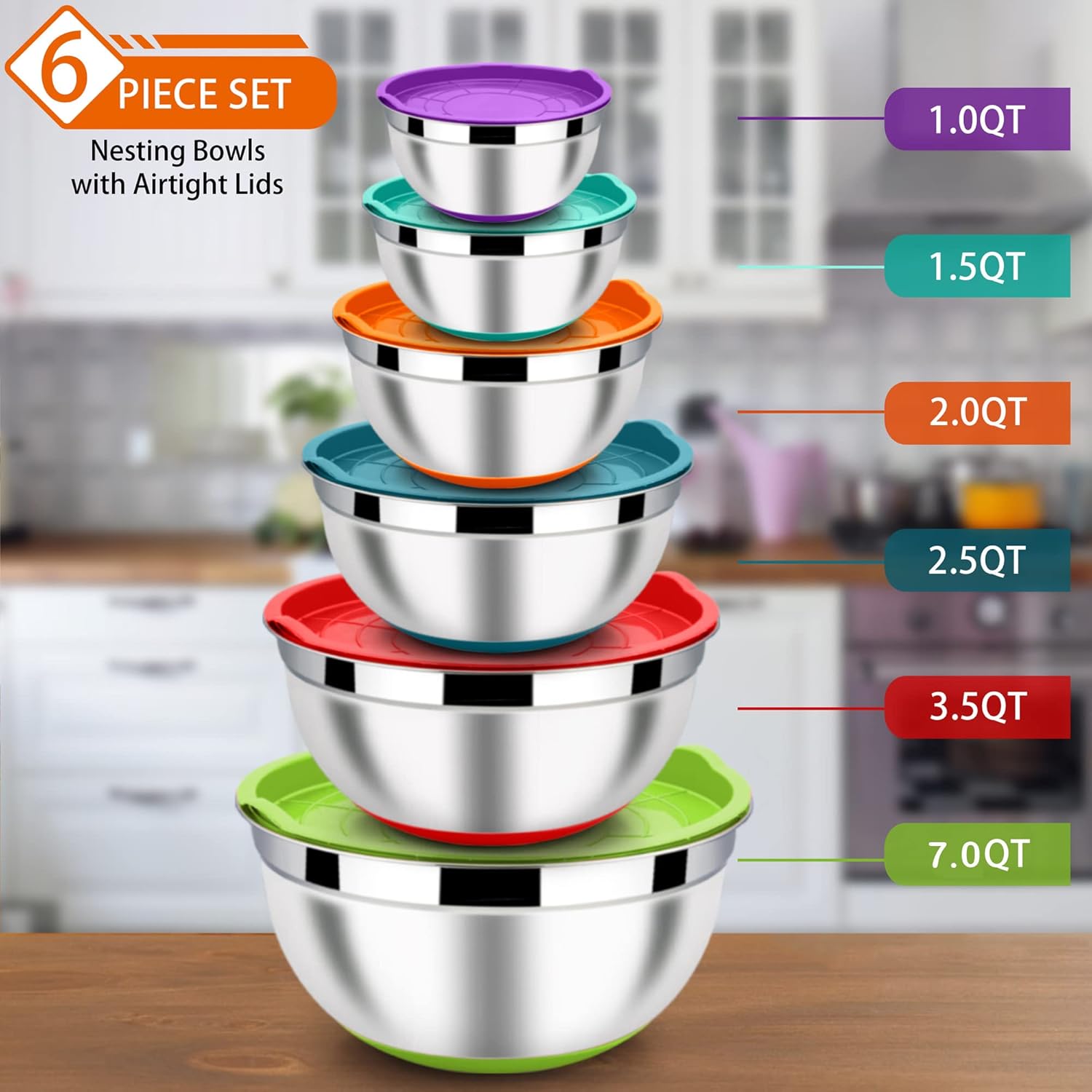 LIANYU Nesting Mixing Bowls Set of 6 with Airtight Lids, Size 7, 3.5, 2.5, 2, 1.5, 1QT, Large Stainless Steel Metal Bowls for Baking Cooking Food Storage, Non-slip Bottom, Colorful