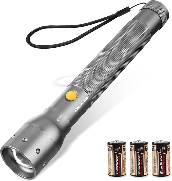 EverBrite Ultra Bright Tactical Flashlight, 900 Lumen Zoomable Adjustable Focus, 3 Light Modes, Heavy-Duty Aluminum Torch for Hurricane Supplies Camping, Includes 3C Alkaline Batteries-Gray