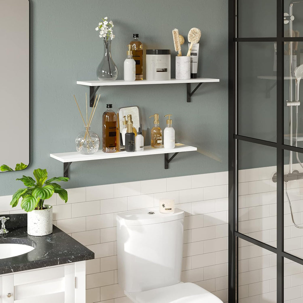 DINZI LVJ Long Wall Shelves, 24 Inch White Floating Shelves Set of 2, Easy-to-Install, Wall Storage Ledges with Sturdy Metal Brackets for Living Room, Bathroom, Bedroom, Kitchen, White