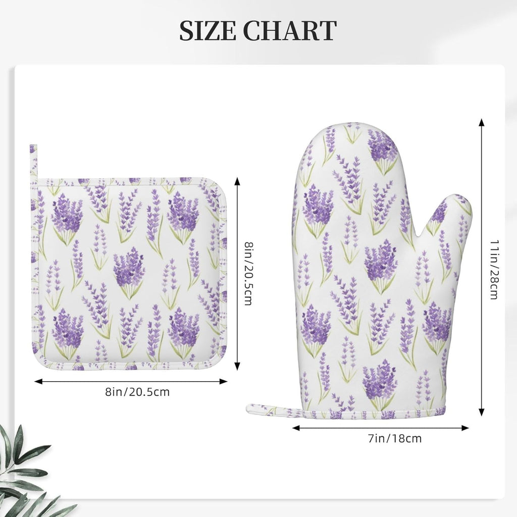 Lavender Spring Flowers Oven Mitts Pot Holders Set Silicone Lavenders Kitchen Oven Mitts Heat Resistant Potholders Non-Slip 4pcs Hot Pads and Oven Gloves Sets for Cooking