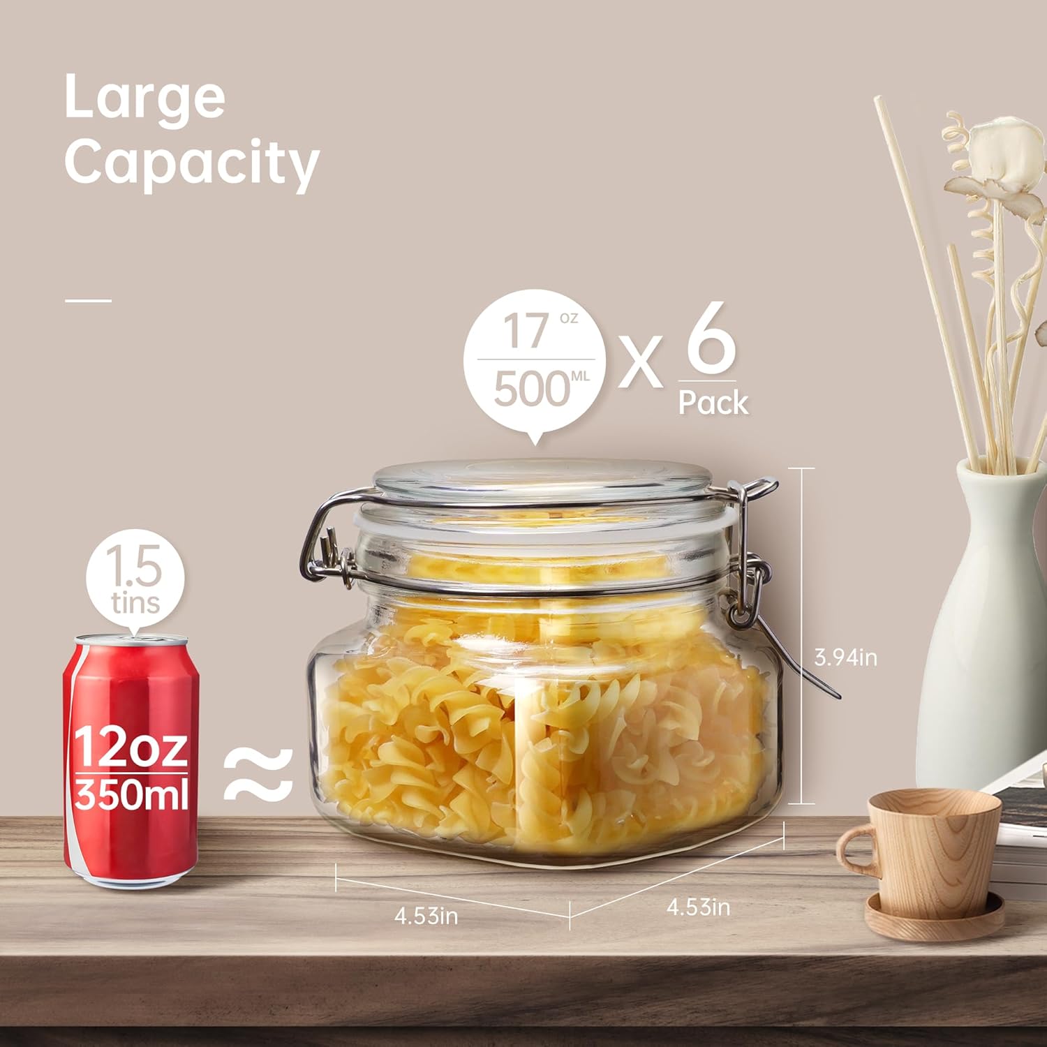 17oz - 6 Pack Square Glass Jars with Airtight Lid, Wide Mouth Mason Jars with Clamp Lids, Air Tight Glass Canisters, Best Food Storage Containers for Cereal, Pasta, Rice, Sugar, Coffee, Spice