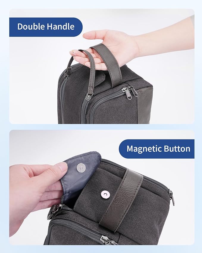 WANDF Toiletry Bag for Men Travel Toiletry Organizer Canvas and Leather Dopp Kit Water-Resistant Shaving Bag for Travel Accessories (Grey, Patent Pending)