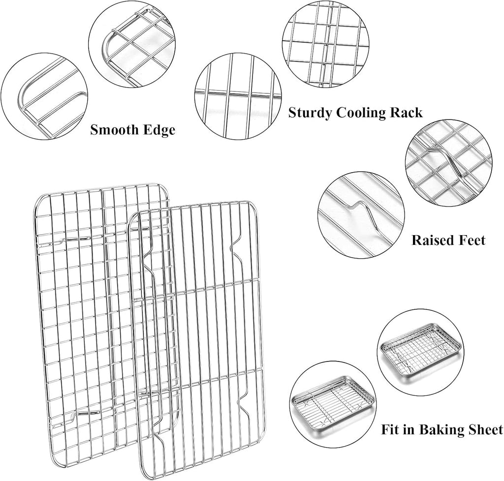 Baking Sheet with Rack Set, Yododo Set of 4 (2 Sheets + 2 Racks), Stainless Steel Cookie Sheet Baking Pan Tray with Cooling Rack, Non Toxic & Heavy Duty & Easy Clean - Size of 9 inch