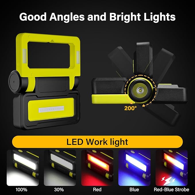 LED Work Light, Flashlight with COB Camping Lantern, 1000LM Magnetic Flashlight, 200°Foldable, 5+3 Modes, Rechargeable Waterproof Handheld Flashlights for Camping, Home, Car Repair, Emergency, Fishing